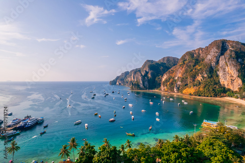 Amazing travel photo Thailand tropical paradise by drone. Aerial view Phi Phi island, Krabi Province