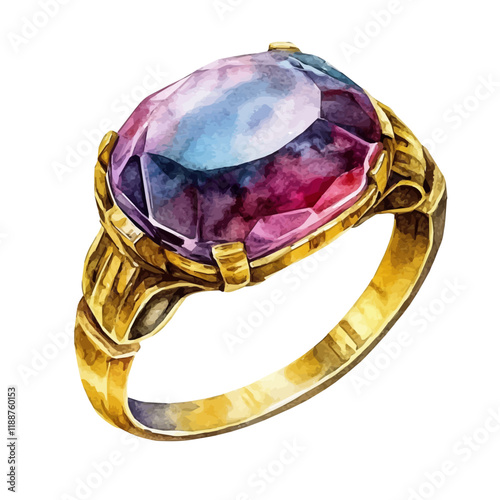A watercolor vector painting of a vintage gemstone ring, isolated on a white background. Vintage gemstone ring vector.


