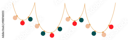 Christmas lights big sectioned garland with colored circle bulbs. Xmas festive string decoration with hanging retro lightbulb. Glowing lamps for holiday cards, banners, posters. Vector illustration.