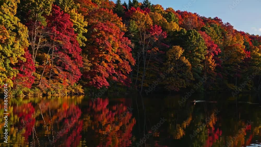 Autumn lake reflects vibrant foliage of red, orange, and yellow leaves under a clear sky, with soft ripples gently distorting the serene water surface.
Autumn lake reflects vibrant foliage of red, orange, and yellow leaves under a clear sky, with soft ripples gently distorting the serene water surface.