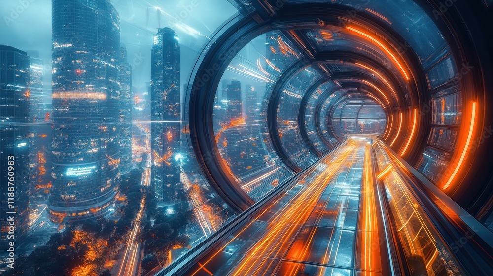 Futuristic city tunnel at night. Modern architecture with neon lights. Cityscape view from tunnel. Urban transport. No people. Long exposure. High speed transport. Advanced infrastructure. Futuristic city tunnel at night. Modern architecture with neon lights. Cityscape view from tunnel. Urban transport. No people. Long exposure. High speed transport. Advanced infrastructure.