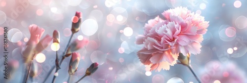 Pink carnation flower on light grey background. Minimalist retro style backdrop in banner- panorama format. Blurry romantic Bokeh lights. MZ