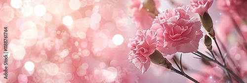 Pink carnation flower on light grey background. Minimalist retro style backdrop in banner- panorama format. Blurry romantic Bokeh lights. MZ