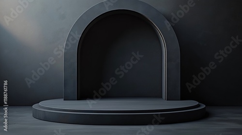 Dark gray empty podium mockup with collapsible frame. Modern design for advertising product presentation. Minimalist scene with geometric shape. Studio interior with wall, clean space. Suitable for photo