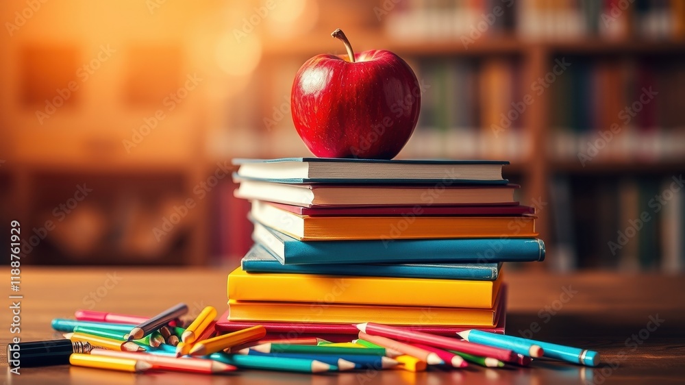 A stack of colorful books with a red apple on top, surrounded by colored pencils on a wooden surface. A stack of colorful books with a red apple on top, surrounded by colored pencils on a wooden surface.