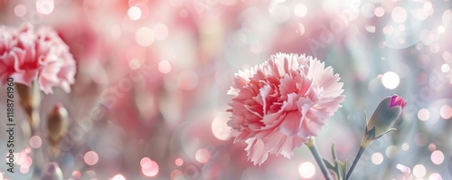 Pink carnation flower on light grey background. Minimalist retro style backdrop in banner- panorama format. Blurry romantic Bokeh lights. MZ