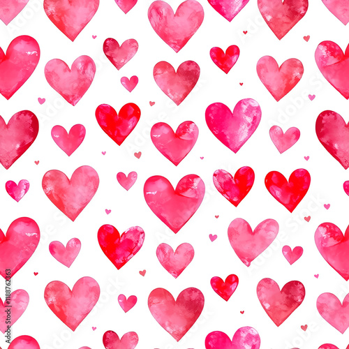 Seamless pattern with watercolor pink and red hearts on a white background photo