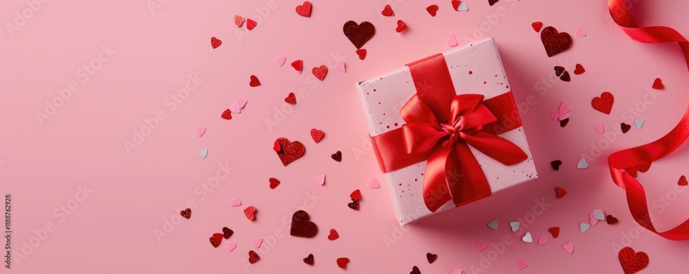 Pink gift box wrapped red ribbon bow with red hearts and confetti on a pastel pink background. St Valentine's Day holiday concept. Top view, flat lay, copy space. MZ Pink gift box wrapped red ribbon bow with red hearts and confetti on a pastel pink background. St Valentine's Day holiday concept. Top view, flat lay, copy space. MZ
