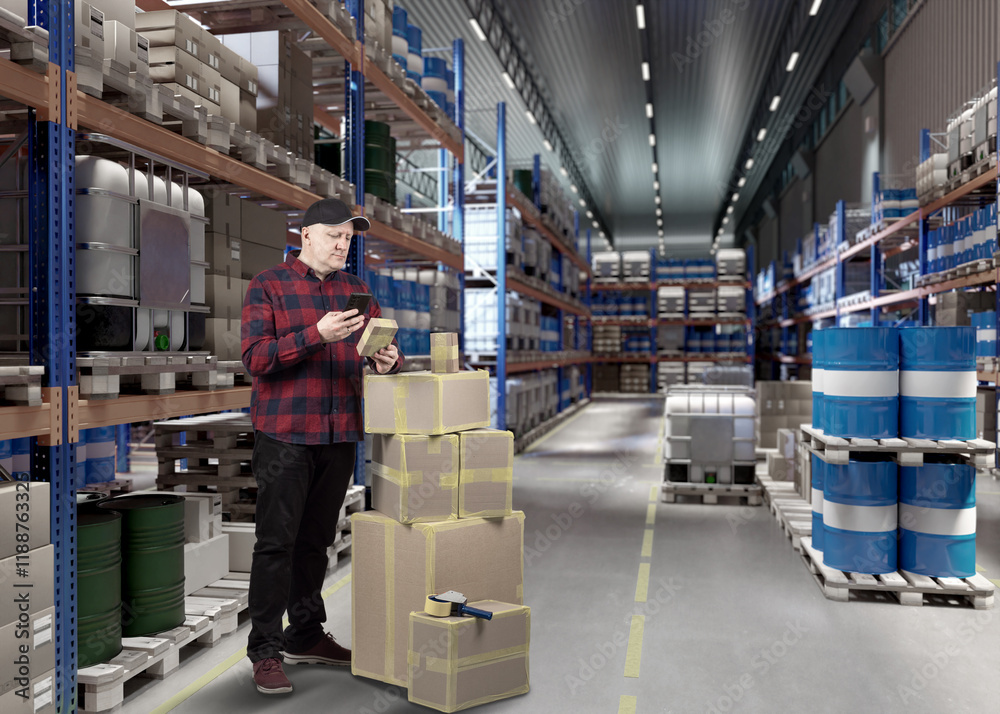 Man works in warehouse. Storekeeper with mobile phone. Warehouse employee with barrels and boxes on racks. Storekeeper man inside storage area industrial factory. Warehouse manager stands in hangar Man works in warehouse. Storekeeper with mobile phone. Warehouse employee with barrels and boxes on racks. Storekeeper man inside storage area industrial factory. Warehouse manager stands in hangar