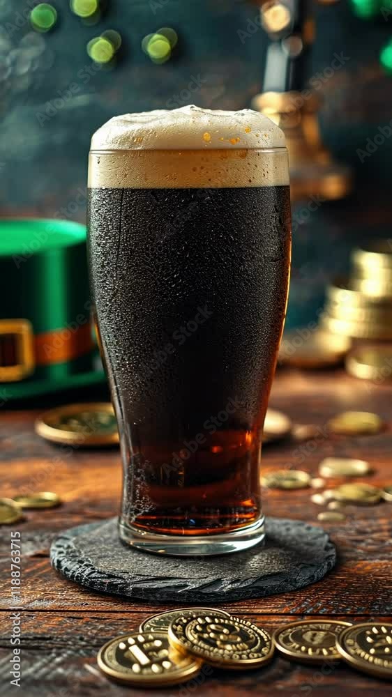 A pint of dark stout beer with foam on a bar counter, gold coins and a ...