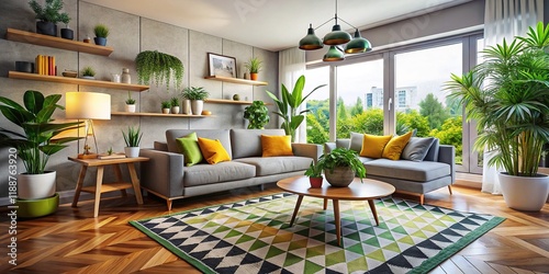 Geometric rug anchors a modern living room, accented by plants, leaving room for your story. photo