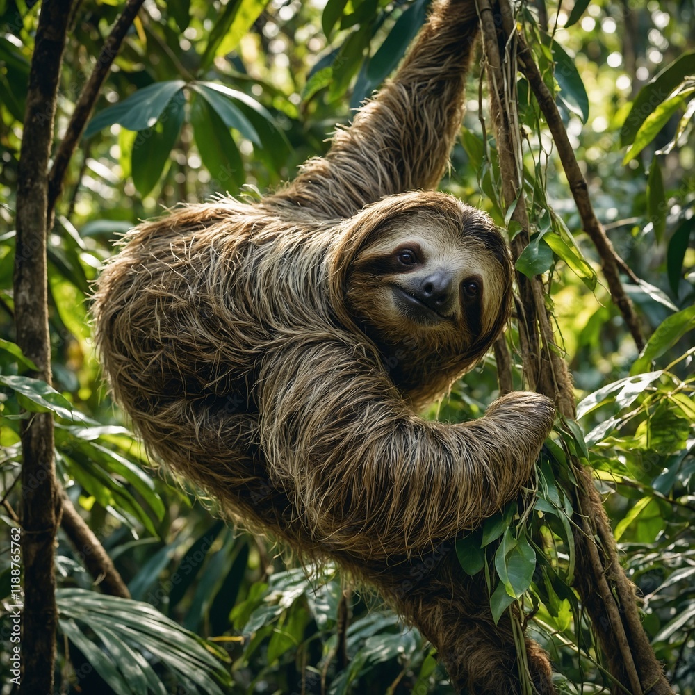 Fototapeta premium giant panda eating bamboo.A sloth hanging from a vine in a tropical forest canopy.A slow-moving sloth camouflaged among the dense green foliage.