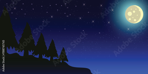 Beautiful night winter forest landscape. Snowy forest, trees, snowdrifts and an amazing clear night sky with stars and a full moon. Christmas on Christmas Eve, vector art illustration
