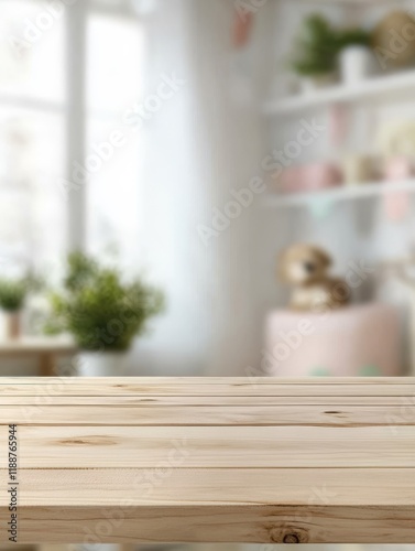 Wallpaper Mural A calm and serene, completely empty wooden tabletop beautifully showcases a softly blurred interior of a baby room, making it ideal for product presentation, marketing, or creating mockups Torontodigital.ca