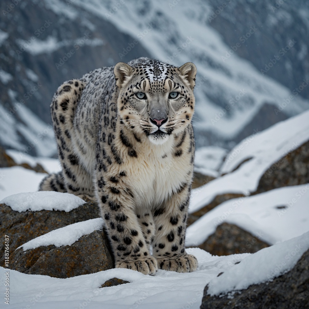A snow leopard prowling in a snowy mountain landscape.A snow leopard prowling gracefully across the icy mountains. A snow leopard prowling in a snowy mountain landscape.A snow leopard prowling gracefully across the icy mountains.