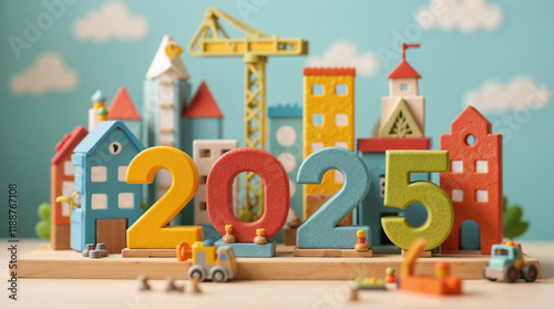 City assembled from colorful children's construction blocks with number 2025