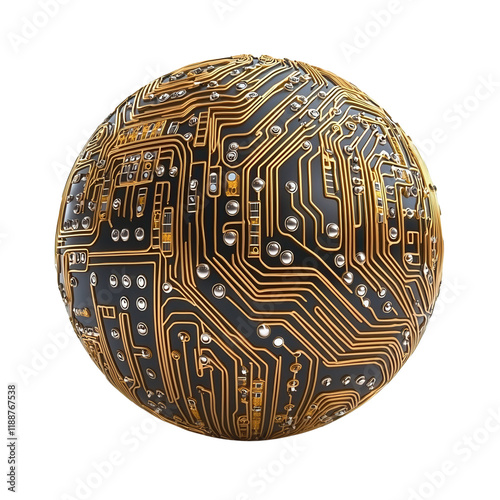 A spherical object featuring intricate circuit patterns in gold and black colors, resembling a modern technological design.