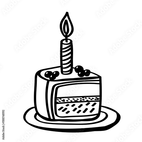 Hand drawn piece of cake. Happy birthday doodle vector illustration