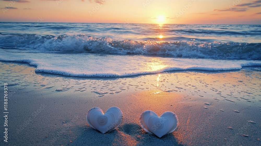 Fototapeta premium Romantic Seascape Sunset Two Seashells Shaped Hearts Beach