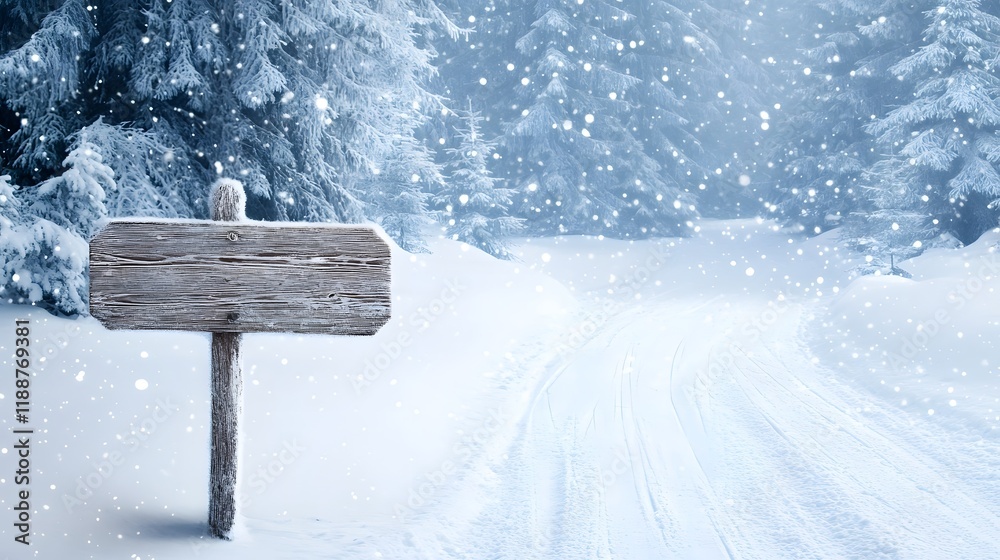 Naklejka premium Frosted Wooden Signpost in a Magical Winter Forest Landscape with Snow Covered Trails and Icy Trees