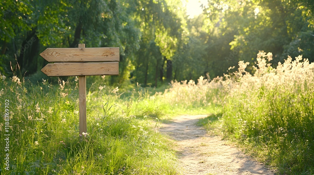 Rustic Wooden Signpost on a Sunlit Forest Trail with Arrows Pointing to Adventure Rustic Wooden Signpost on a Sunlit Forest Trail with Arrows Pointing to Adventure