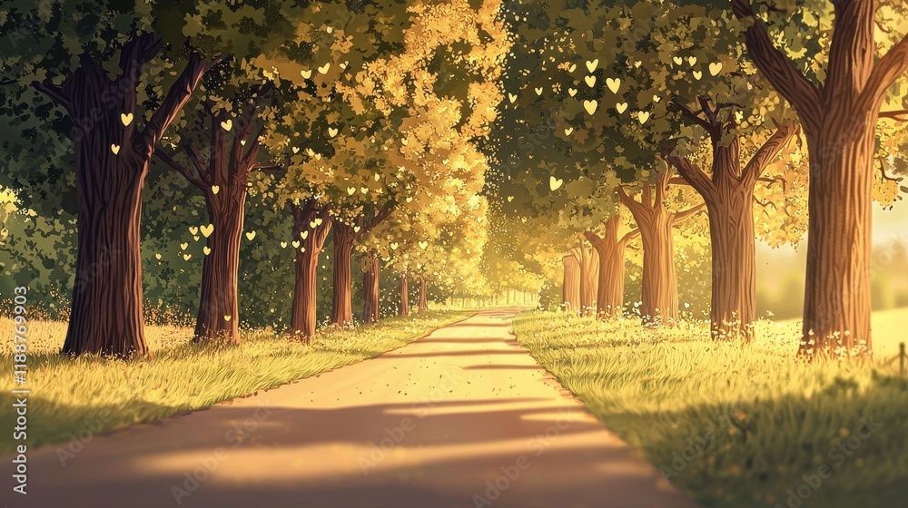 Naklejka premium Golden Hour Romance Tree Lined Path Heart Shaped Leaves Pathway