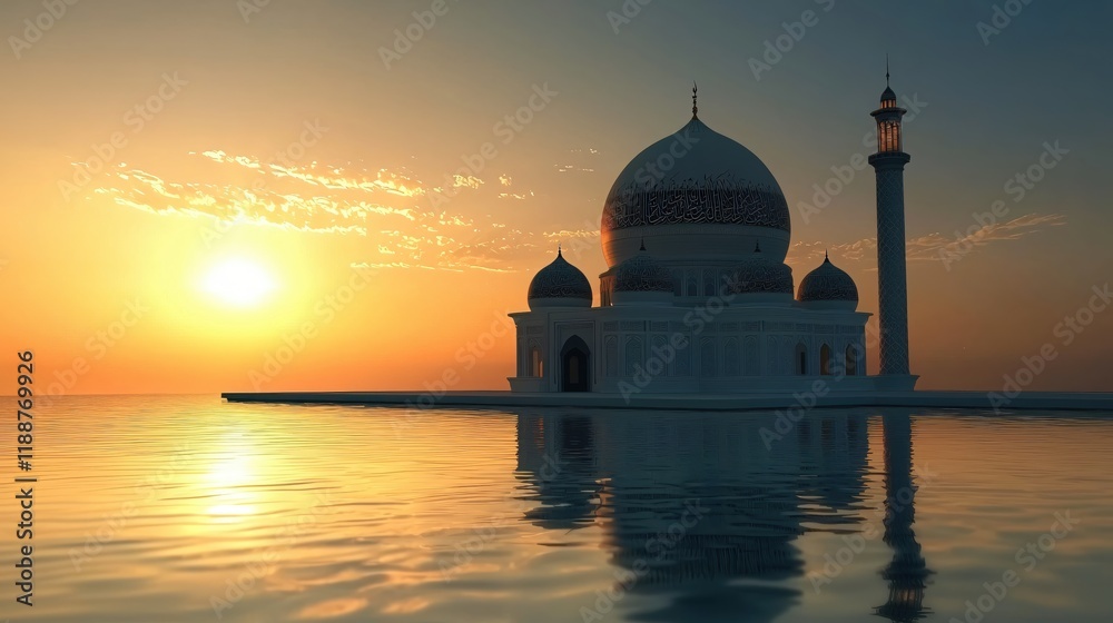 Naklejka premium Serene Sunset Mosque Peaceful Waters Golden Hour Reflection Architecture