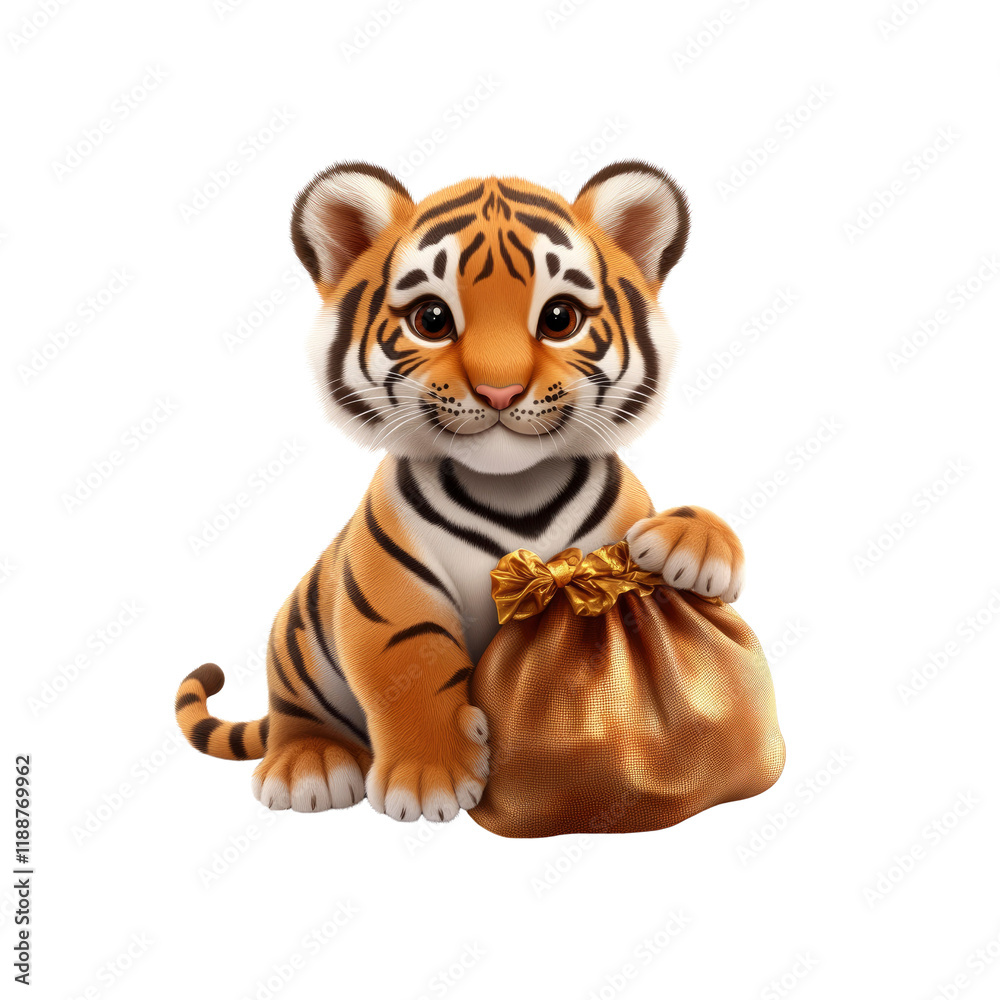 Obraz premium Adorable Tiger Cub with Golden Bag of Treasure