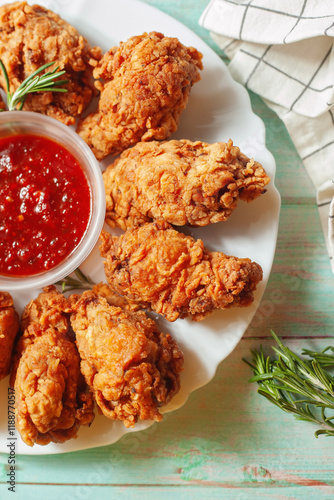 Close-up of a plate of delicious homemade golden brown crispy fried chicken wings with hot sauce