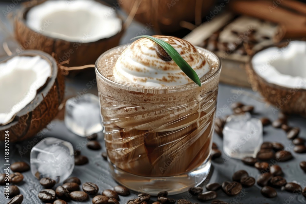 Coconut cream beverage with coffee and ice cubes scene Coconut cream beverage with coffee and ice cubes scene