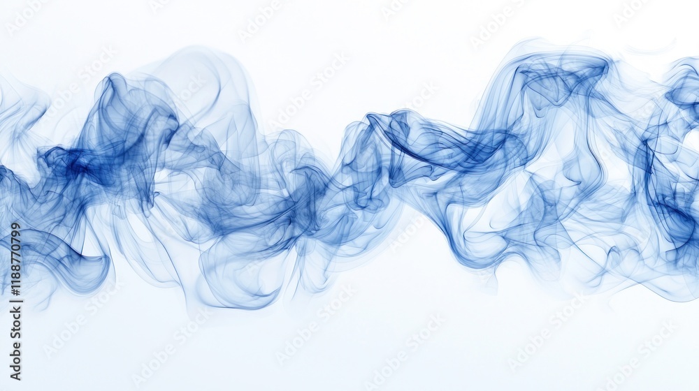 Fototapeta premium Abstract Blue Smoke Waves: An ethereal dance of wispy smoke trails against a pristine white backdrop, creating a visually captivating and serene atmosphere.