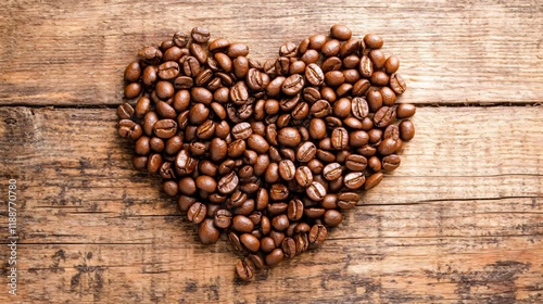 Roasted Coffee Beans Heart Shape Rustic Wood Background