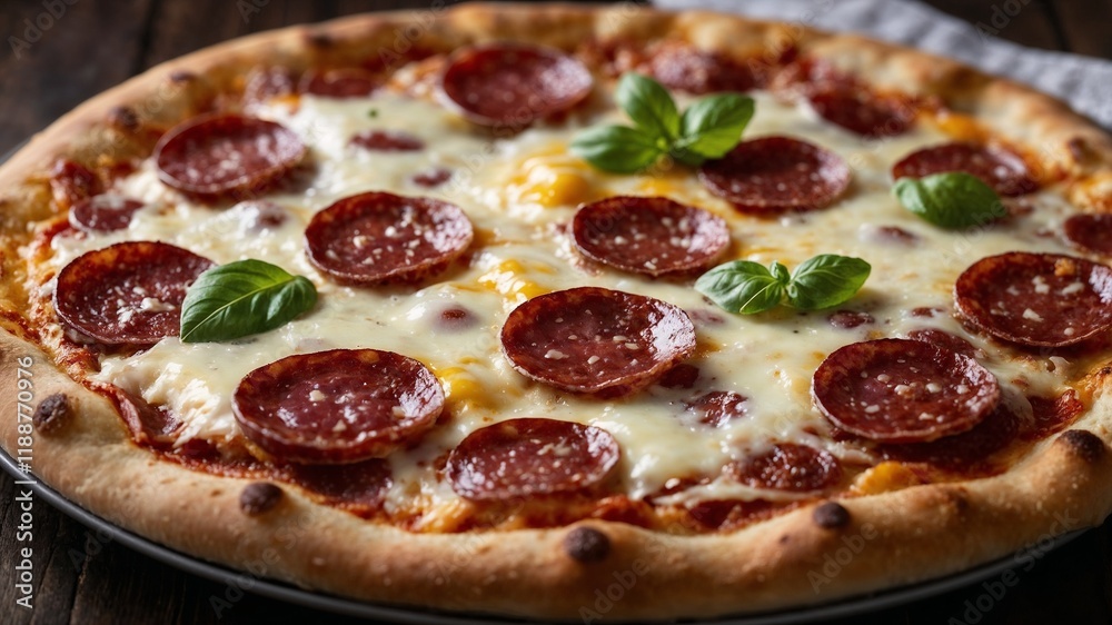 Close-Up of Delicious Salami Pizza with Melted Cheese – Perfect for Food Lovers