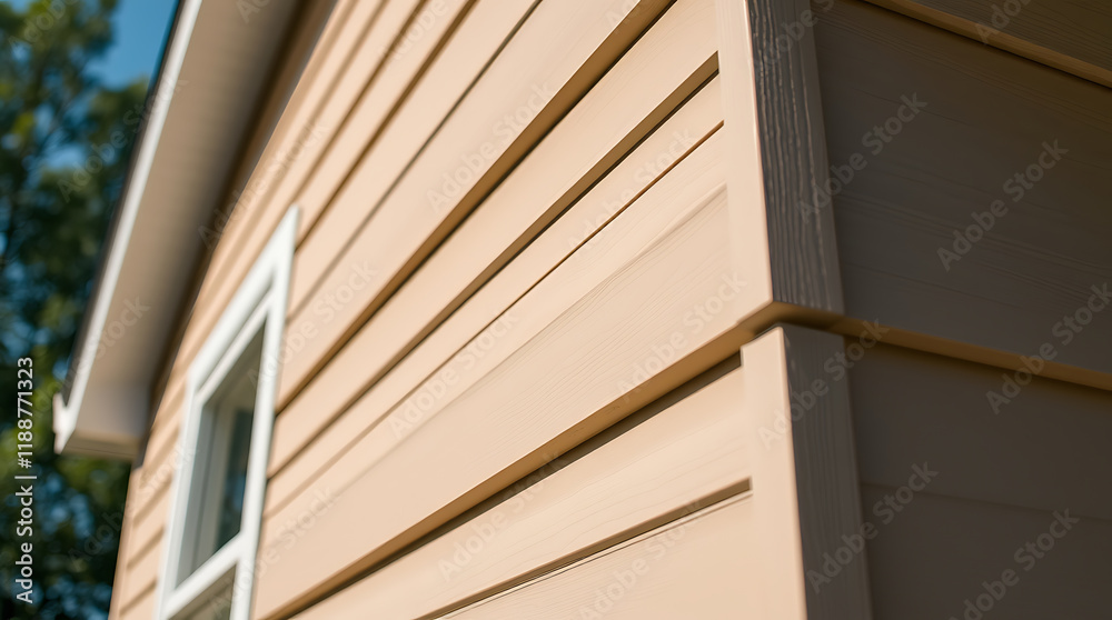 Obraz premium Beige House Exterior Wall Siding, Close-Up View of Modern Home Architecture, Real Estate Photography