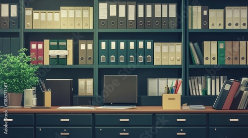 Office workspace with computer, shelves, and files.