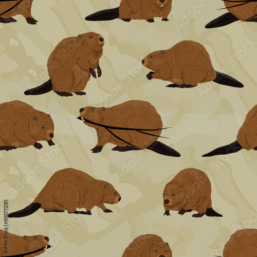 Structured Seamless pattern with Eurasian beaver. Vector animals