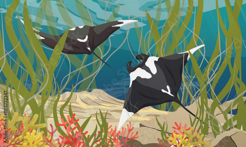 A pair of giant oceanic manta ray swims near a tropical coral reef with algae. Manta rays Mobula birostris. Realistic vector seascape