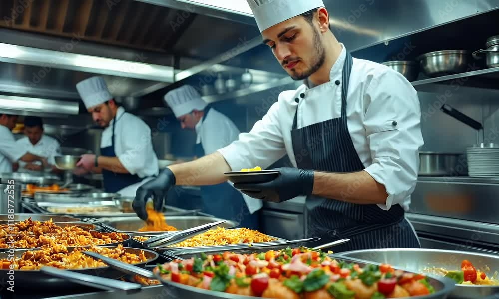 Chef plating food in busy restaurant kitchen