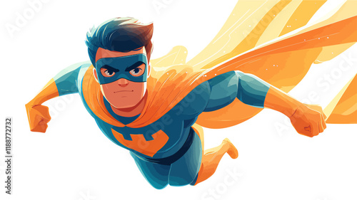 A cartoon illustration of a strong and smiling superhero boy running in action, showing fun and energy.