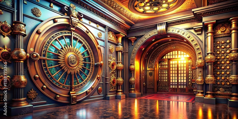 Obraz premium Ornate Bank Vault Interior: Luxurious Jewel-Tone Design, Deep Shadows, Rich Textures
