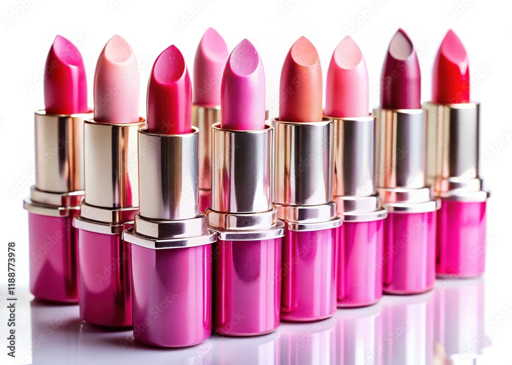 Fototapeta premium Pink Lipstick Shades, Glossy Lip Products, Makeup Cosmetics, Beauty Photography