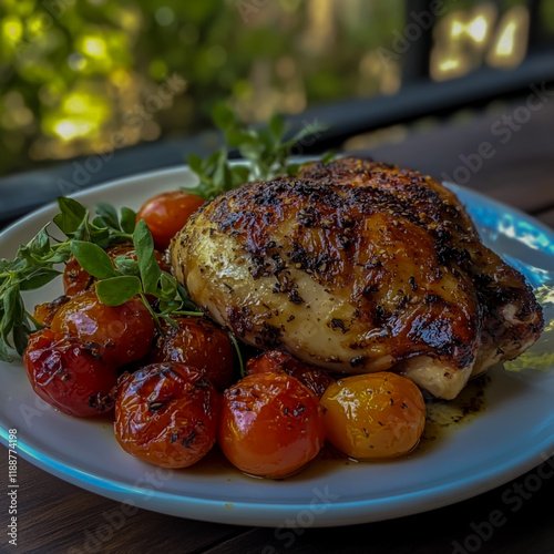 The roasted poultry boasts a crispy exterior, with the tender meat offering a delightful contrast to the juicy tomatoes alongside. photo