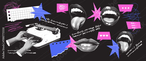 Typewriter, hands, mouth, speech bubbles, paper cuts in retro halftone style. Vector collage.