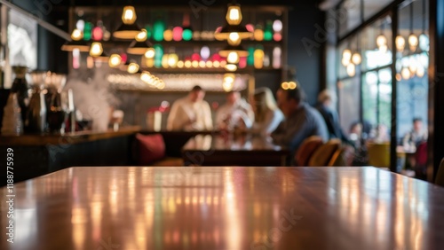 Wallpaper Mural wooden table surface, blurred restaurant interior, bokeh lights, warm ambiance, cozy cafe setting, out of focus background, evening atmosphere, soft lighting, dining area, intimate space, depth of fie Torontodigital.ca