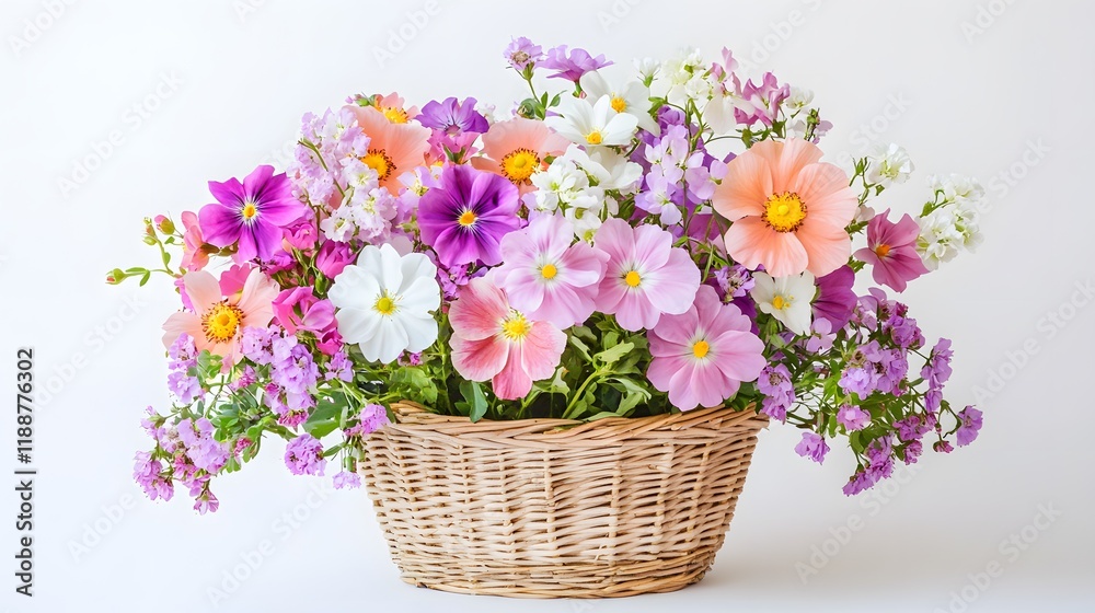 Obraz premium 18. A beautiful basket of mixed blossoms against a white background, perfect for a lucky occasion gift