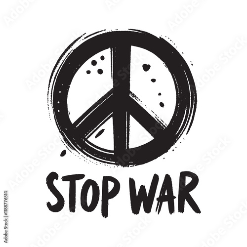Minimalistic hand drawn 'Stop War' script with peace emblem, vector design
