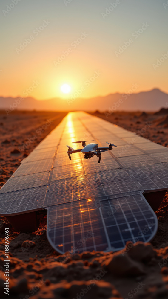 Fototapeta premium Solar panels with a drone flying over them at sunrise, symbolizing sustainable green energy.