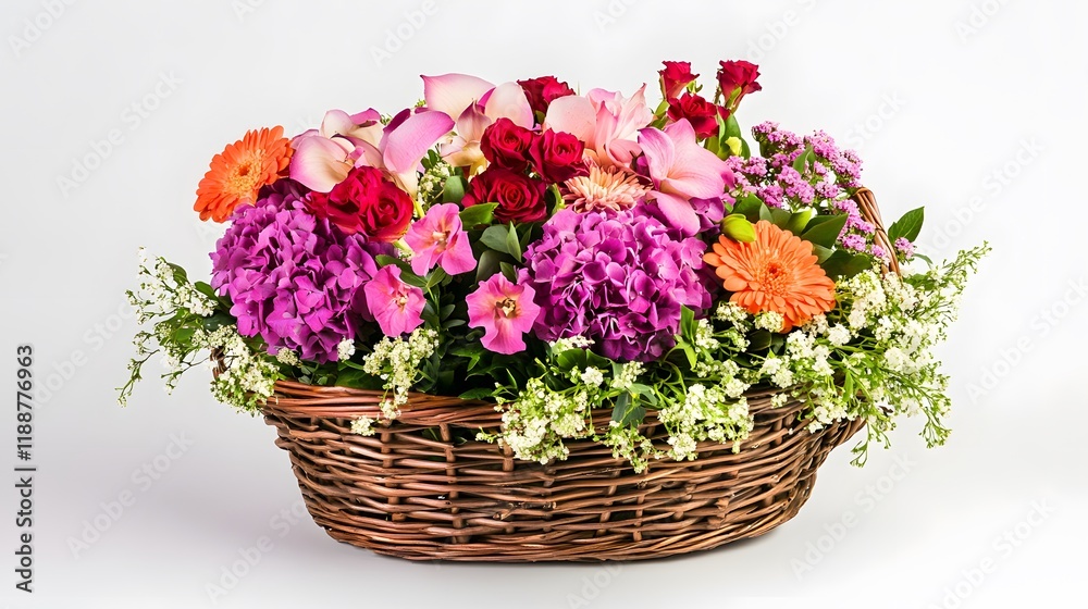 22. A thoughtfully arranged basket of fresh flowers, ideal for auspicious occasions, set on a white background 22. A thoughtfully arranged basket of fresh flowers, ideal for auspicious occasions, set on a white background