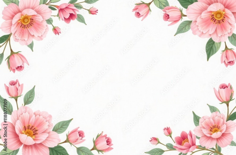 delicate frame of pink flowers with a place in the center for text, white background delicate frame of pink flowers with a place in the center for text, white background