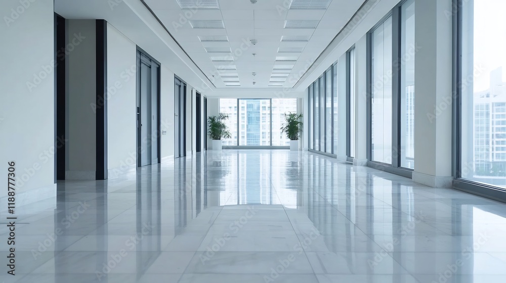 Fototapeta premium Vast and Bright Office Corridor Being Vacuumed by Professional Cleaning Crew